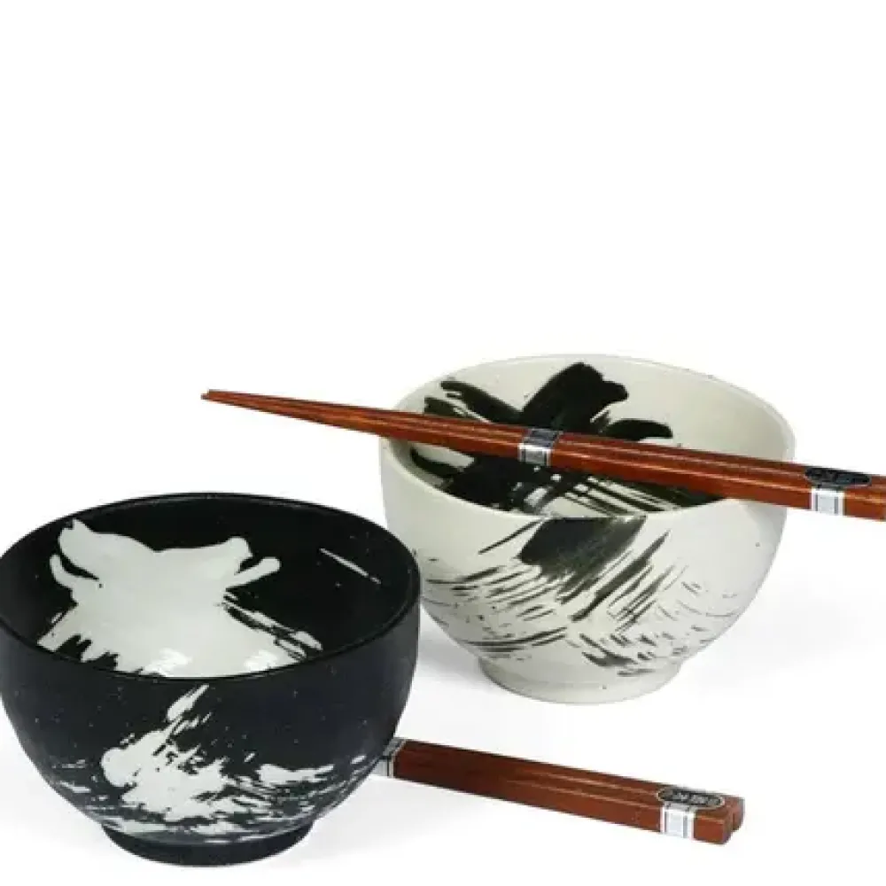 MIYA Company Black & White Brush Stroke 5" Bowl For Two Set Outlet