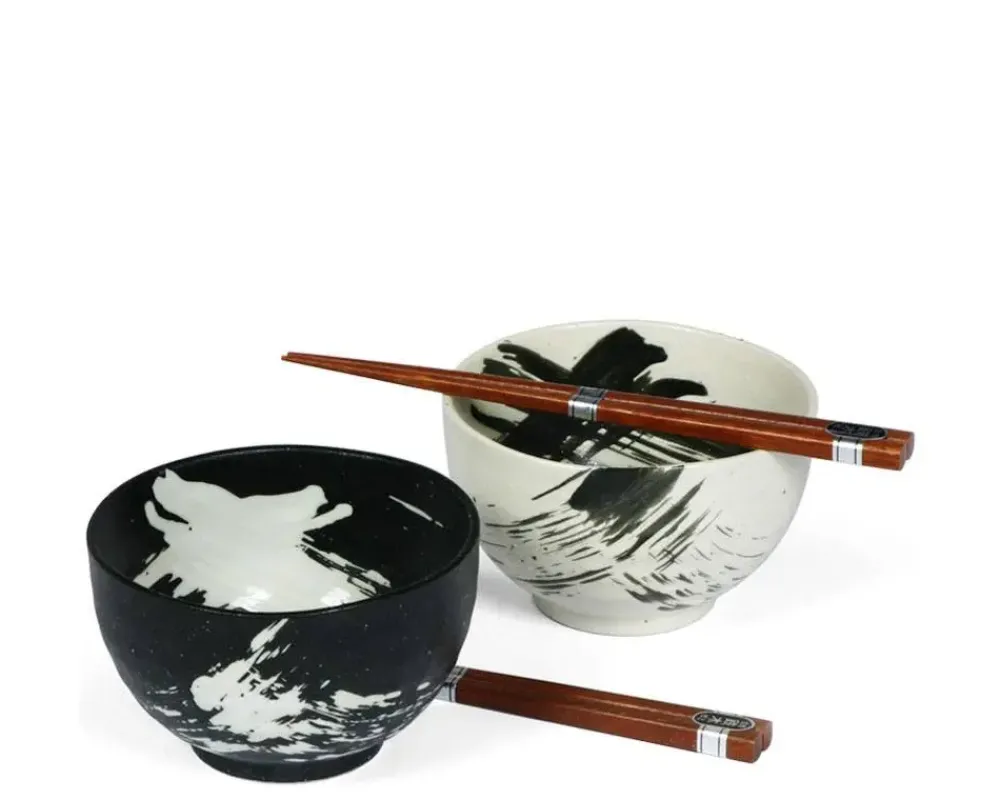 MIYA Company Black & White Brush Stroke 5" Bowl For Two Set Outlet