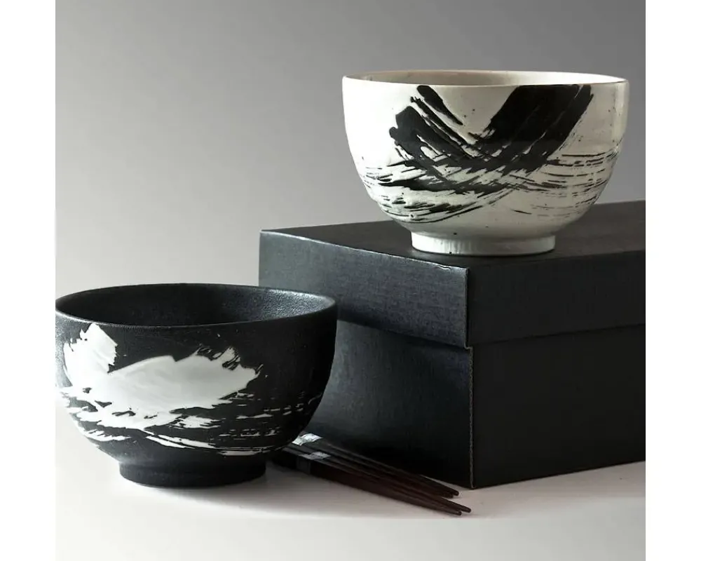 MIYA Company Black & White Brush Stroke 5" Bowl For Two Set Outlet