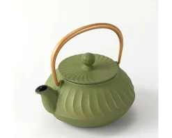 MIYA Company Cast Iron Teapot Olive Green Wave Gold Handle Outlet
