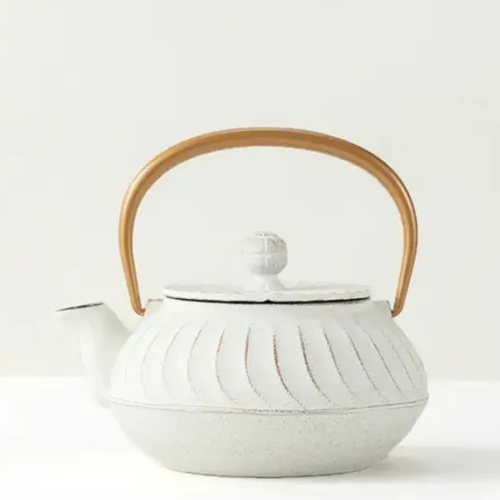 MIYA Company Cast Iron Teapot White Wave Gold Handle Sale