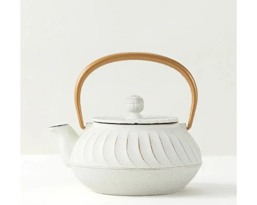 MIYA Company Cast Iron Teapot White Wave Gold Handle Sale